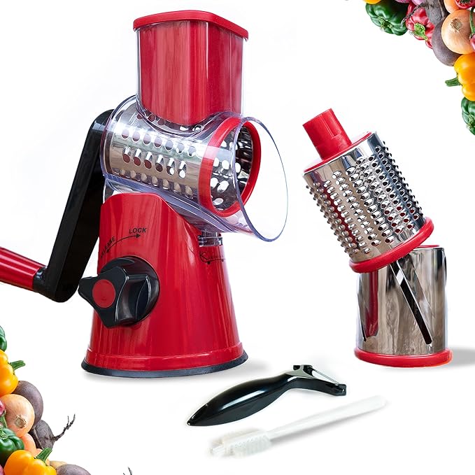 KARTWILL Rotary Cheese Grater with Handle - 3-in-1 Cheese Shredder - Easy to Clean Rotary Grater - Mandoline Vegetable Slicer Hand Crank - with Brush and Peeler - Red