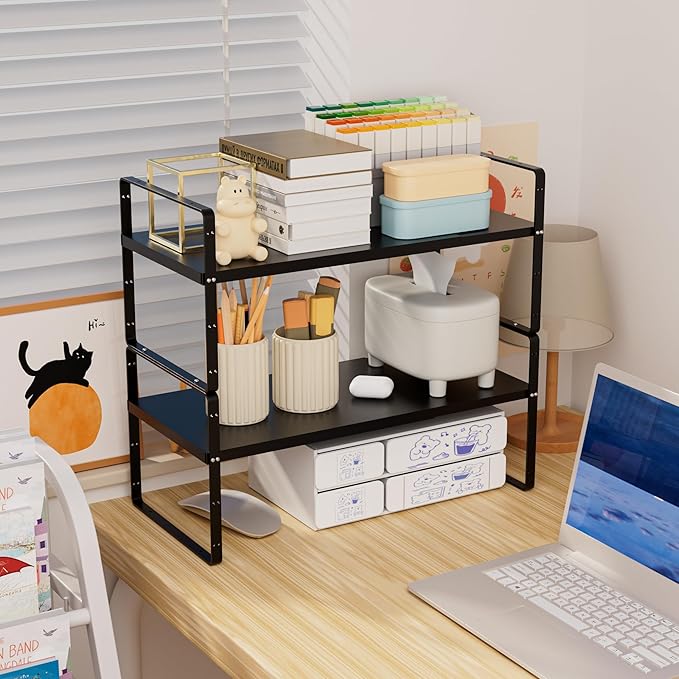 Cabinet Organizer Shelves,Expandable Spice Racks,Stackable Storage Shelves for Kitchen,Pantry,Counter,Bathroom,Home,Office,3 Packs,8.07" D,Black