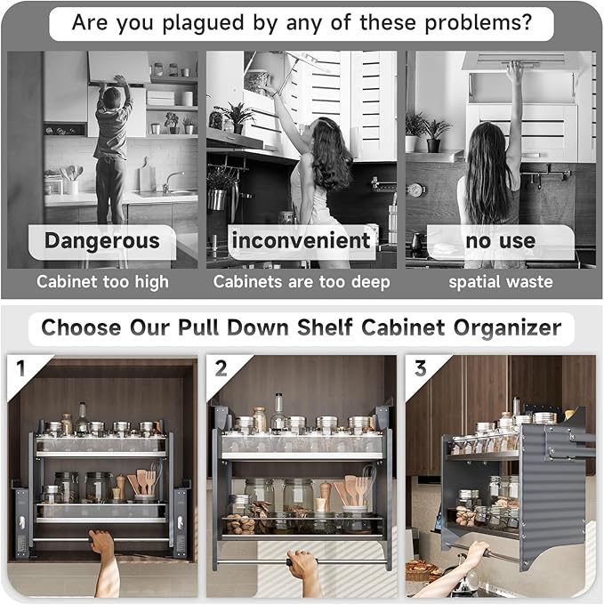 Pull Down Heavy Duty Shelf Organizer for Kitchen Upper Cabinet, 2-Tier Pull Down Cabinet Organizer, Adjustable Width of 30-32 Inch, Grey