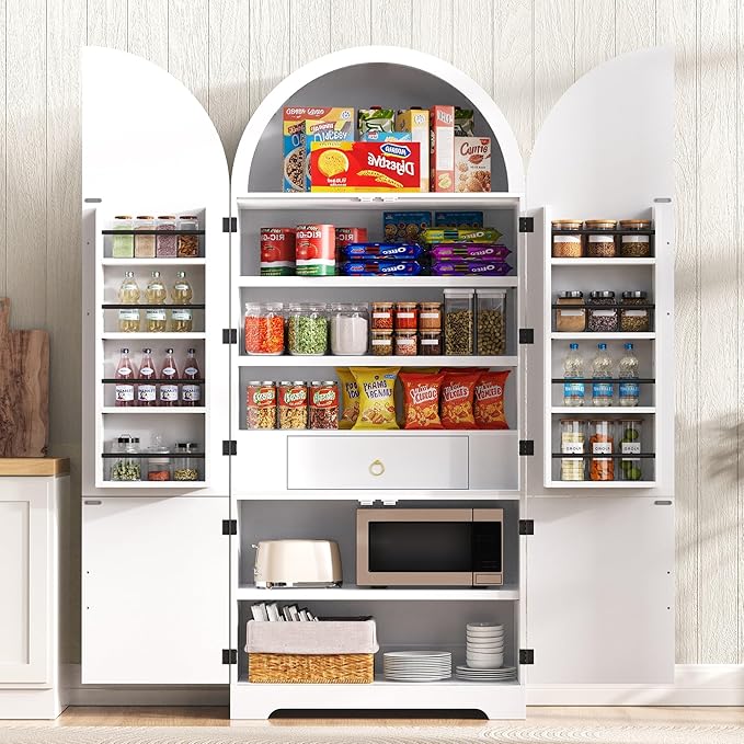 72" Tall Arched Kitchen Pantry Cabinet, Fluted Storage Cabinets with Hidden Drawer and 3 Adjustable Shelves, Cupboard with Door Shelves for Kitchen, Dining and Bathroom, White