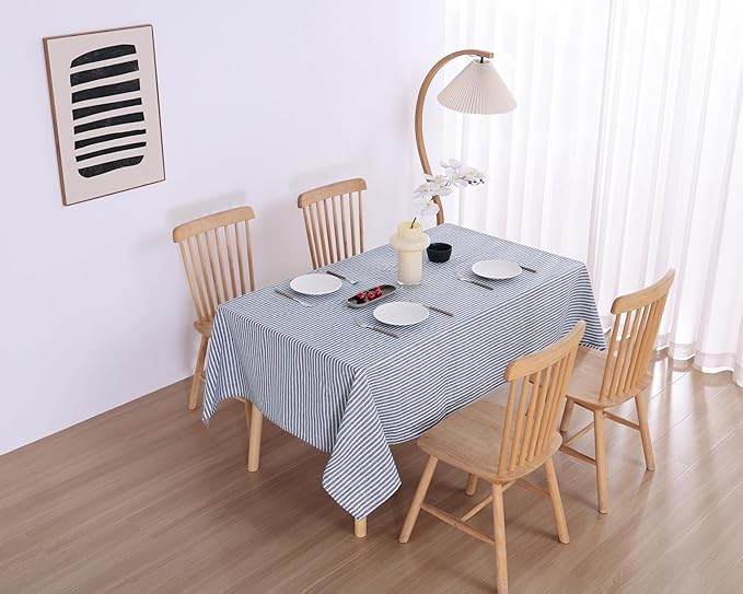AORISSI 100% French Flax Linen Tablecloths Rectangle 132Lx60W Inch for Dinners, Parties, Easter, Halloween, Camping, Stone Washed, Textured, Machine Washable, 12-14 Sets (60''x132'', Blue Stripe)