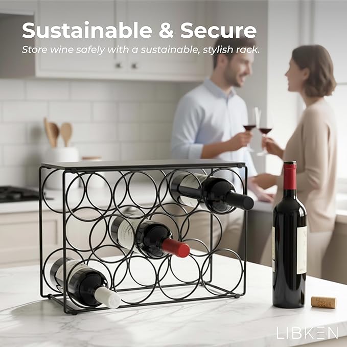 Countertop Wine Rack ??Black Powder Coated Metal Wine Holder, Minimal Scandinavian Design ??Modern Geometric Small Wine Rack for Countertop, Cabinet, or Tabletop Storage, Fits 11 Bottles