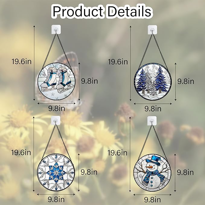 Stained Glass Window Hanging 4 Pcs Set White Winter Christmas Snow Scene 9.8" - Suncatcher Door Garden Sun Catcher Decor Birthday for Mom Woman Nana Men Friend Wife