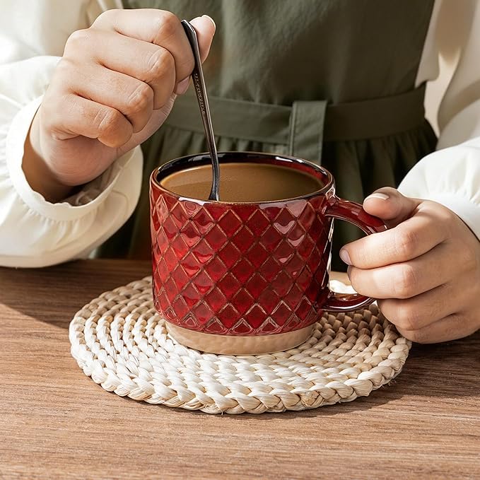 GBhome 12 OZ Stackable Coffee Mugs, Ceramic Coffee Mugs with Texture Patterns for Man,Woman,Dad,Mom, Modern Coffee Mugs Set of 4 for Latte/Cappuccino/Cocoa. Dishwasher&Microwave Safe