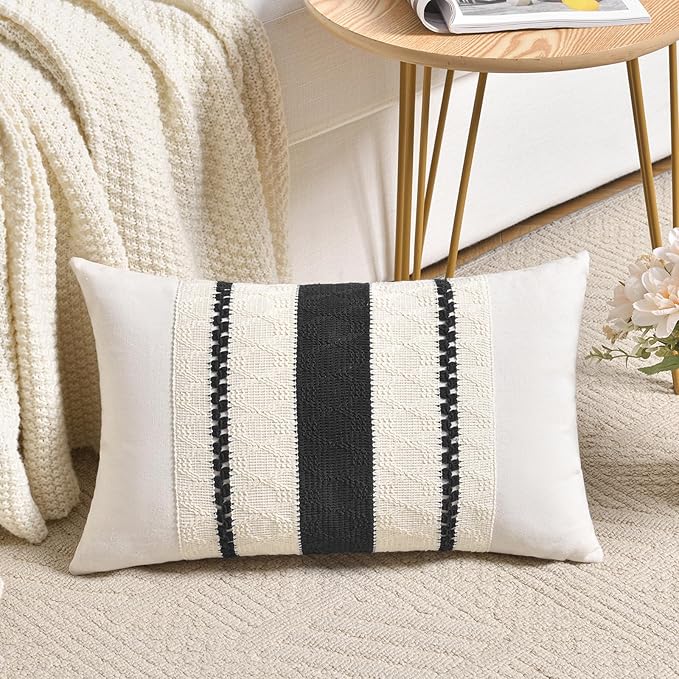 Fancy Homi Set of 2 Boho Black Long Lumbar Decorative Throw Pillow Cover 14x24 Inch for Couch Bed Sofa Chair, Modern Organic Farmhouse Home Decor, Soft Cotton Cute Accent Rectangle Cushion Case