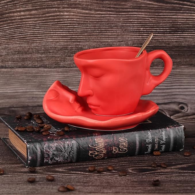 oliruim Red Coffee Cup and Saucer Set - Ceramic Unique Kissing 8.5 oz Coffee Mug Set with Spoon, Face Coffee Cup and Saucer for Valentine, Wedding, Anniversary Decor (Red)