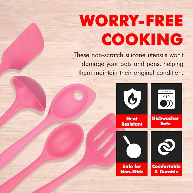 Chef Craft - Premium Silicone Kitchen Tools and Utensils Set, Non-Scratch, Withstands Temperatures up to 450째F, BPA-Free, 5 Piece Cooking Utensils Set, Pink