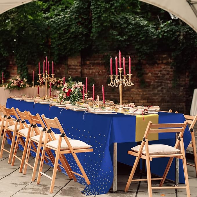 24Pack Disposable Plastic Tablecloths and Satin Table Runner Set Blue and Gold Dot Tablecloth Gold Satin Table Runner for Wedding Birthday Baby Shower Anniversary Christmas New Year Party Decorations