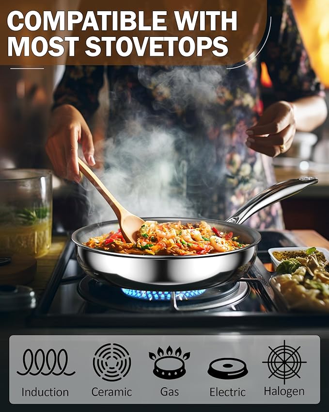 Cook N Home Stainless Steel Frying Pan Set, 8-inch, 10-inch, 12-inch Fry Pan, Tri-Ply Clad 18/10 Stainless Steel Skillet Saut챕 Cooking Pan, Induction Cookware, 3-Piece