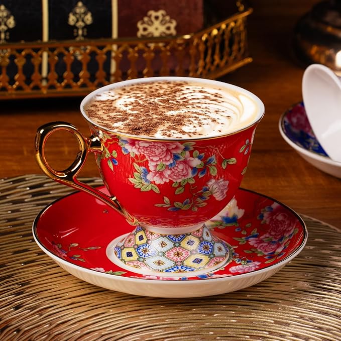 KAMMAK Tea Cups and Saucers Set of 2, Porcelain Coffee Cup with Saucer for Espresso, Cappuccino, 9.8oz Vintage Yellow Floral Ceramic Novelty Mug for Home, Tea Party, Office