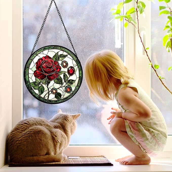 Stained Glass Window Hanging, Red Rose Gemstone Green Sun Catchers Diamond Glass Panel Hangings Suncatcher Decor for Birthday for Women, Men, Wife, Aunt, and Mom 11.8x11.8 in