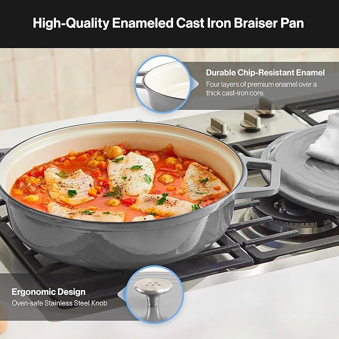Misen 5.5 QT Braiser ??Enameled Cast Iron Pan for Searing, Braising & Slow Cooking ??No-Chip Enamel Coating ??Extra-Wide Handles ??Superior Heat Retention & Even Cooking - Gray