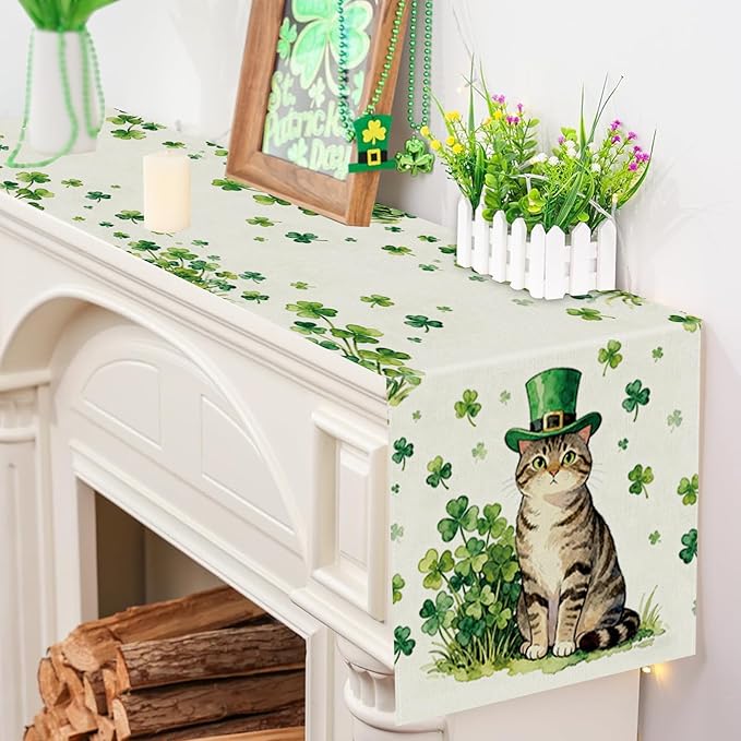St Patricks Day Table Runner Shamrocks Cat St. Patrick's Day Runners Table Decorations Holiday Spring Kitchen Dining Home Party Supply 13x72 Inch