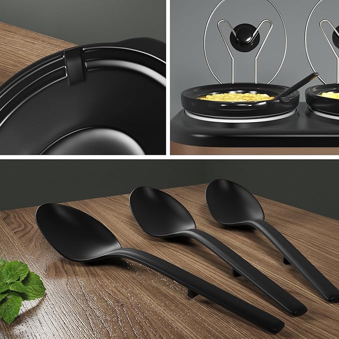Sunvivi Triple Slow Cooker, Buffet Server & Warmer with 3 Removable Ceramic Pots, 3 Adjustable Temp Settings & 3 Metal Lid Rests, Stainless Steel, 3 * 1.5 Quarts Black