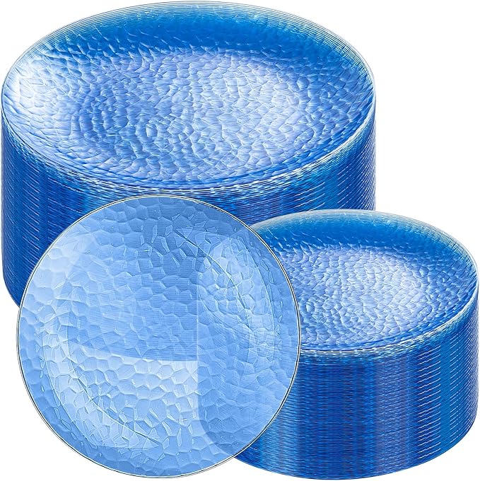 Rubtlamp 100 Pcs Blue Plastic Plates,Heavy Duty plastic Plates,Fancy Disposable Plates, Hammered Plastic plates Include 50 Pcs Dessert Platos, 50 Pcs Dinner Platos for Party