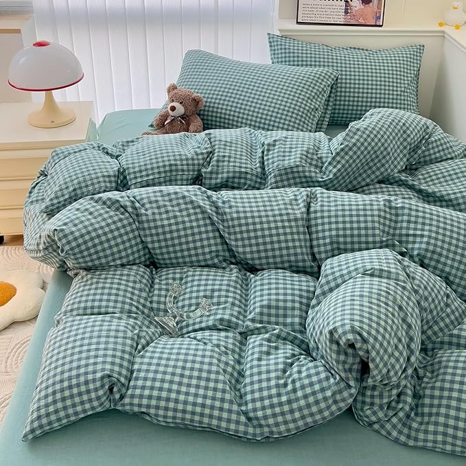 LifeTB Green Gingham Comforter Set Full Size Geometric Plaid Checkered Pattern Comforter Green Grid Plaid Printed Bedding Comforter Set with 2 Pillowcases Fluffy Soft Gingham Bedding Set Breathable