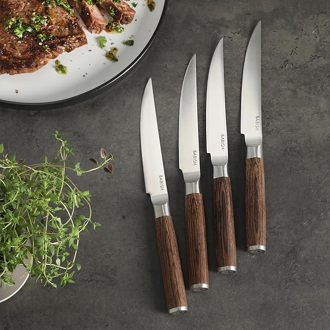 Babish 4-Piece 1.4116 German Stainless Steel Steak Knife Set with Dark Pakka Wood Handles ??Full-Tang Steak Knives for Dining, Entertaining & Everyday Table Use