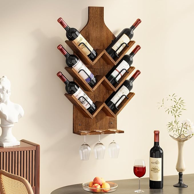 Hoctieon Wine Rack Wall Mounted, 6 Bottles Wood Wine Rack for Display and Storage, Hanging Bottle Holder Bar Shelves for Living Room, Kitchen, Dining Room, Wine Cellar, Rustic Brown
