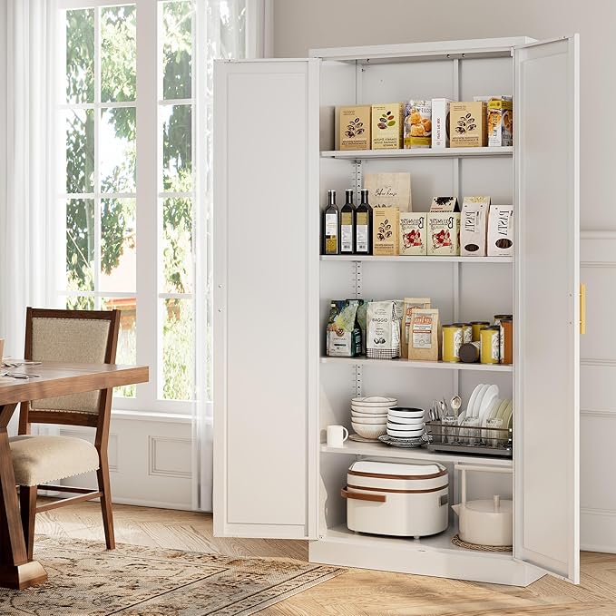 CJF 71" H Metal Kitchen Pantry Storage Cabinet, Freestanding Cupboard with 2 Doors and 4 Adjustable Shelves, Standing Storage for Kitchen, Bathroom, Garage, Dinning Room or Utility Room（White）