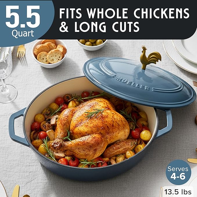 MUELLER HOME 5.5 Quart Enameled Cast Iron Oval Dutch Oven w Rooster Knob & Cotton Potholders, Heavy-Duty Cookware, Oven-Safe up to 500째 F & Across All Cooktops, Gifts for Grandma & Women, Mineral Blue