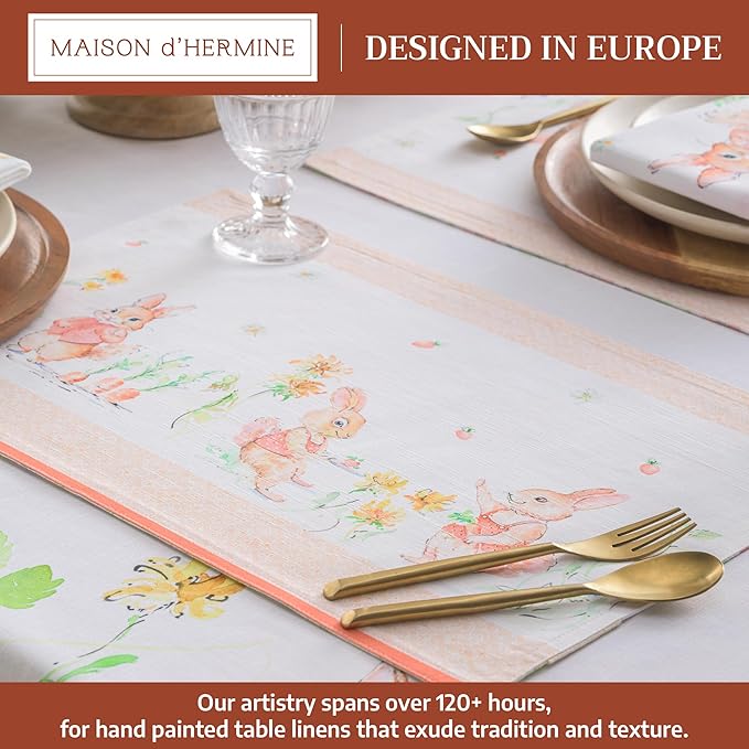 Maison d' Hermine Placemats Set of 2 100% Cotton Washable Cloth Place Mats, Reusable Table Mats for Kitchen Dining Decoration, Party, Wedding, Restaurant Spring/Summer (Bunny Party, 13" x 19")