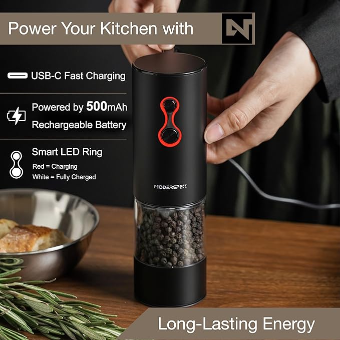 Electric Salt and Pepper Grinder Set USB-C Rechargeable, Dual-Speed Automatic Salt and Pepper Mills with 9 Adjustable Coarseness, Ceramic Burr, LED Light, Refillable, (Carbon Black)