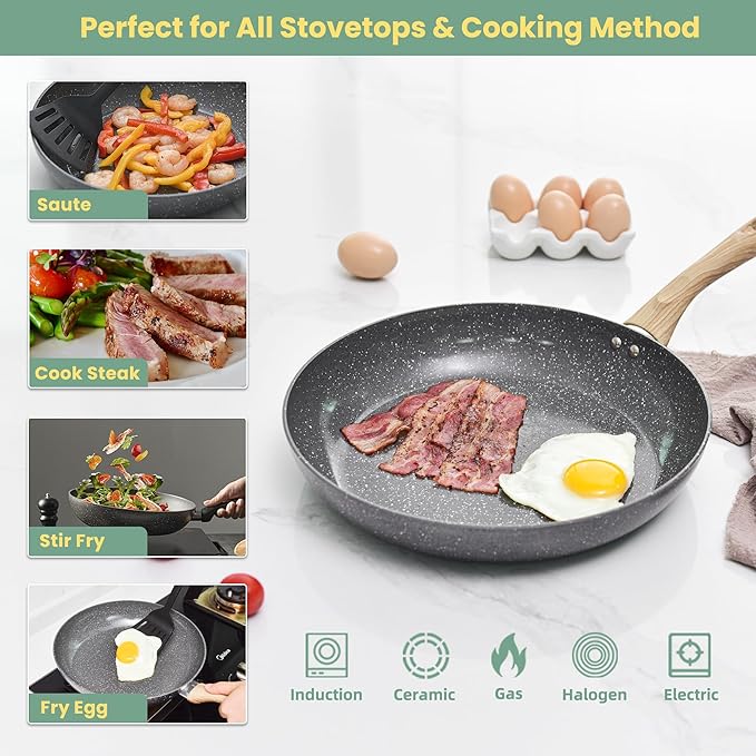 Fry Pan Nonstick 3 Piece, Stretched Aluminium Cookware - 8", 9.5", 11" Skillets Fry Pans with Induction Bottom