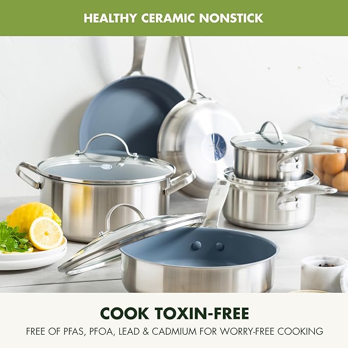 GreenPan Treviso 10 Piece Cookware Set, Non-Toxic PFAS-Free Stainless Steel Ceramic Nonstick Coating, Induction Suitable, Pots, Pans Lids, Saut챕 & Saucepans, Multi Clad, Dishwasher & Oven Safe