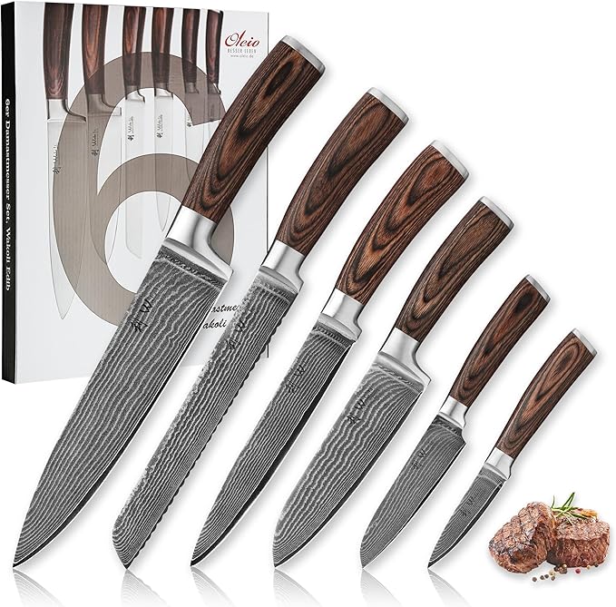 Wakoli EDIB 6-Piece Damascus Knife Set ??Professional Chef Knives Set with VG10 Core Blades, 67-Layer Damascus Steel and Ergonomic Pakkawood Handles ??Premium Kitchen Knives in Elegant Gift Box