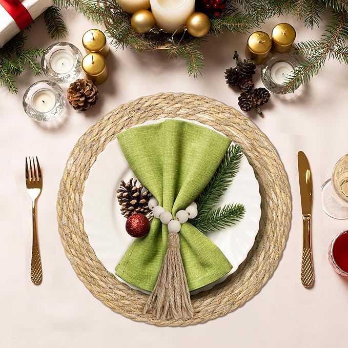 Hardcometrue Boho Woven Placemats Set of 10 with Wooden Napkin Rings, Round Charger Plates, Natural Ranttan Dinner Place Mats for Dining Table Decor - 13.8 inch