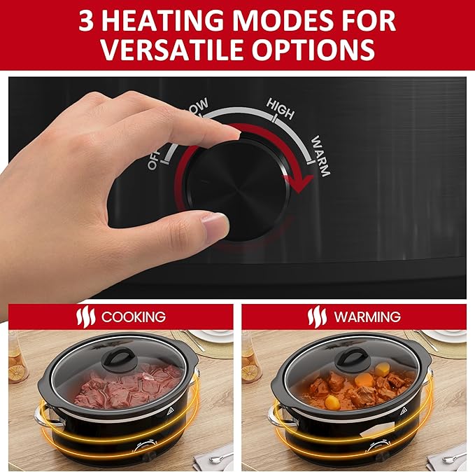 4 QT Slow Cooker, Kiss the Water Buffet Server and Warmer with 3 Heating Modes, Compact Slow Cooker, Dishwasher-Safe Removable Ceramic Pot & Tempered Glass Lid, Stainless Steel, Black