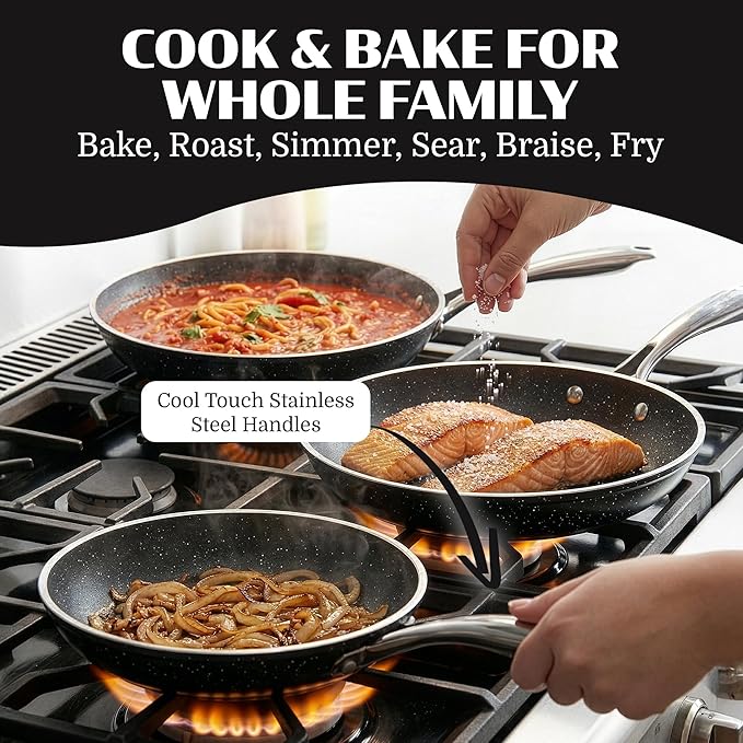 Granitestone Ceraluxe 3pc Non Stick Frying Pans Set, 8,10,12 inch Ceramic Frying Pan Skillet Set, Non Toxic Frying pans Nonstick for Cooking, Induction Ready, PFOA Free, Oven & Dishwasher Safe - Black