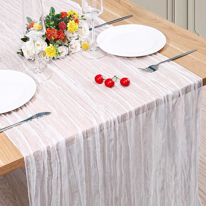 1 Pack Cheesecloth Table Runner 10Ft Christmas Gauze Boho Table Runners for Wedding Decor Bridal Shower Decorations Baby Shower Party(35" x 120")