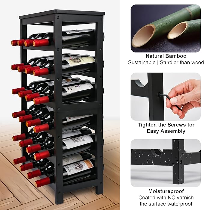 VASMIA Wine Rack Freestanding Floor, 6-Tier Display Wine Storage Shelves with Table Top, 24-Botttle Bamboo Wine Rack Shelf for Kitchen Bar Dining Room Living Room, Black
