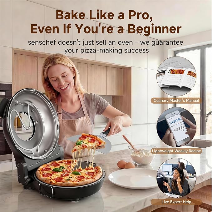 SENSCHEF 12-Inch CrustyBake Beginner's Black Glazed Stone Pizza Oven: Quick 800째F Heating, Easy-Clean Design, Recipe Book & All Tools Included - Perfect for First-Time Pizza Makers at Home