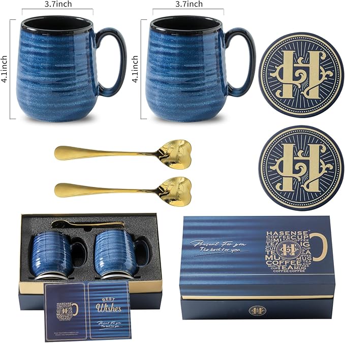 HASENSE Coffee Mugs, 15 Ounce Porcelain Mugs Set of 2 with Handle for Morning Coffee Tea and Cocoa, Ceramic Coffee Cups Gift Box with Beautiful Glaze Coasters Spoons for Men and Women, Navy