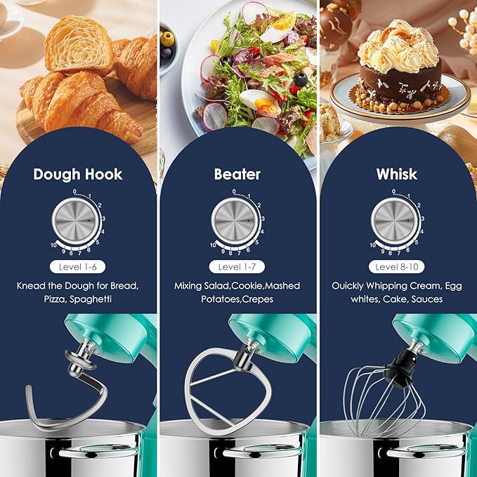 6QT & 5QT Dual Bowls Stand Mixer, 10-Speed Tilt-Head Food Mixer with Electronic Timer for 4 to 6 family, Dough Mixer with Stainless Steel Bowls, Dough Hook, Flat Beater, Whisk included,Blue