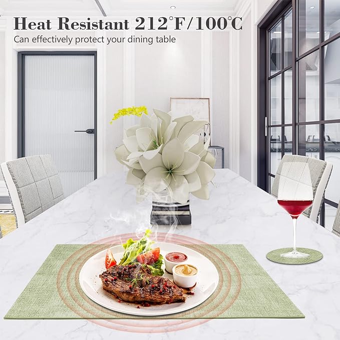 JUCCWARM Faux Leather Placemats Set of 6,Heat Resistant Placemats for Dining Table, Easy Clean Non-Slip Place Mats, Waterproof Stain Resistant Wipeable Washable PU Table Mats, (Light Green)