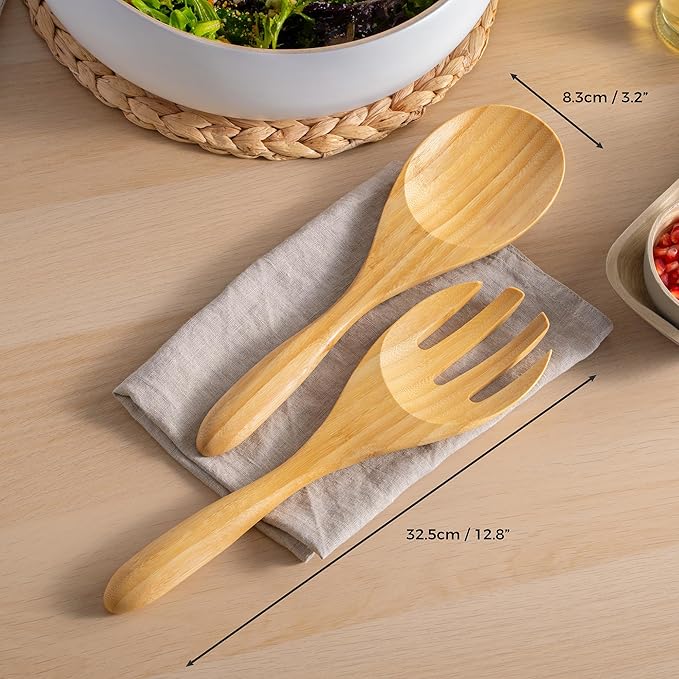 Dehaus짰 Large Premium Bamboo Salad Tongs - Eco Friendly Wooden Serving Spoons - Salad Serving Utensils - Salad Tosser Forks - Giant Wood Salad Servers - 12 inch Salad Hands