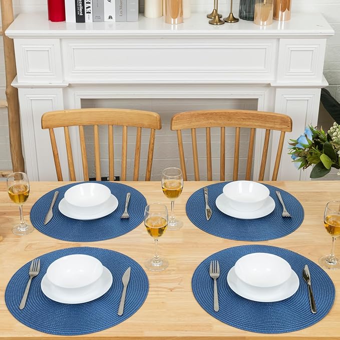 Winknowl Round Braided Placemats Set of 8 Washable Woven Heat Resistant Table Mats for Kitchen Dining Tables 15 inch Round Place Mats (Blue,8pcs)