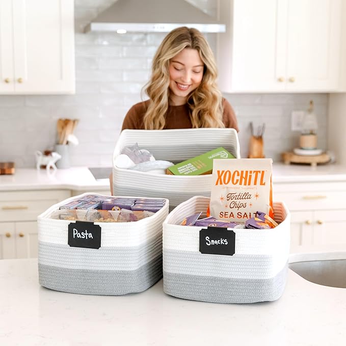 NaturalCozy Storage Baskets 16.8?쓝13?쓝7.6??Cotton Rope Woven Baskets for Organizing 3-Pack | Toy Storage Bins | Basket for Shelves, Laundry, Blanket, Clothes, Closet, Kitchen, Bathroom, Gifts