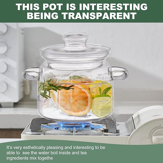72Oz Borosilicate Glass Saucepan With Lid,Clear Glass Simmer Pot for Cooking on Stove with Lid - Microwave, Stove and Dishwasher Safe Potpourri Pot and Serving Dish