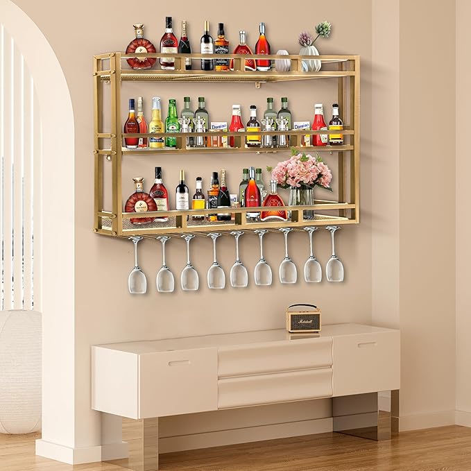 59 Inch Metal Wine Rack Wall Mounted, Bar Shelves for Liquor Bottles with LED Light, 3 Tier Large Capacity Liquor Rack Wall Mounted with Glass Holder for Home Bar & Dining Room, Gold