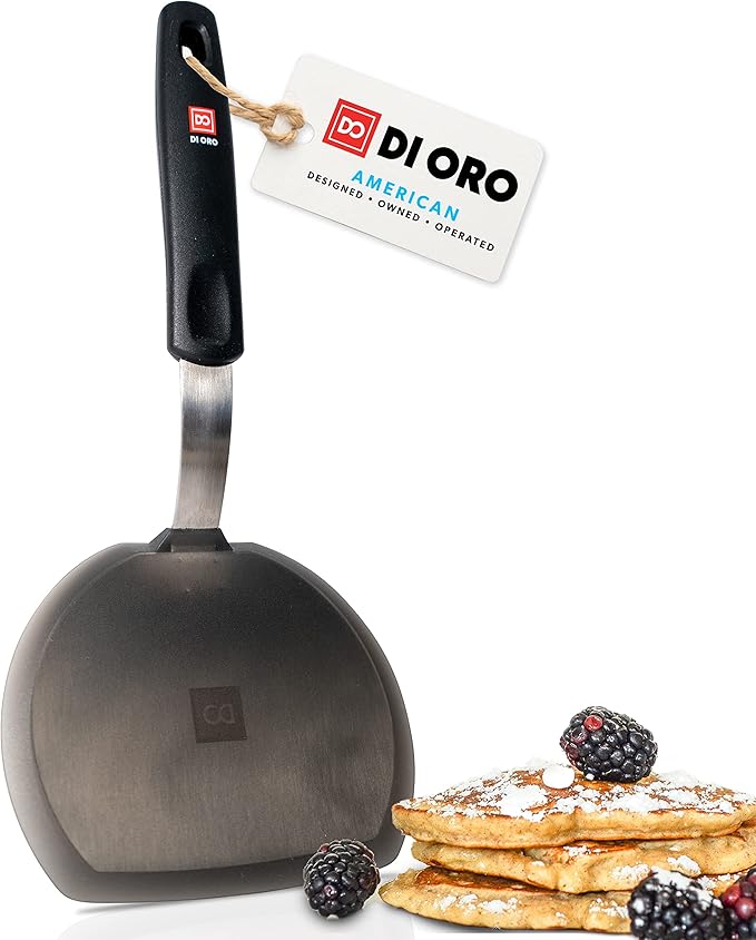 Silicone Turner Pancake Spatula - Nonstick Cookware Safe 600째F Heat-Resistant Flexible & Thin Cooking Flipper for Eggs - Reinforced Stainless Steel Core - BPA Free & Dishwasher Safe by DI ORO