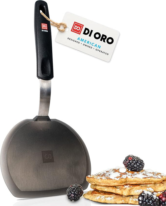 Silicone Turner Pancake Spatula - Nonstick Cookware Safe 600째F Heat-Resistant Flexible & Thin Cooking Flipper for Eggs - Reinforced Stainless Steel Core - BPA Free & Dishwasher Safe by DI ORO