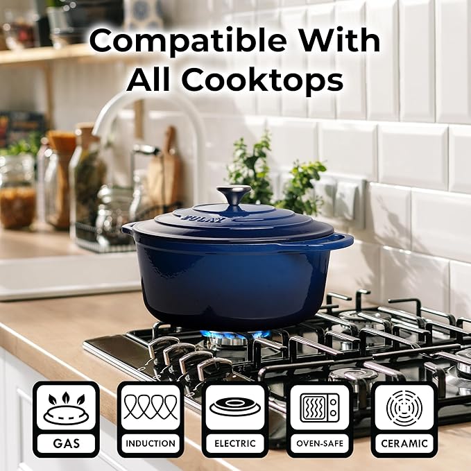 Zulay Kitchen 5 Quart Enameled Cast Iron Dutch Oven Pot with Lid ??Premium Durability & Oven Safe up to 500째F ??Heavy Duty Cookware Perfect for Bread Baking, Stews, Braising & Roasting ??Blue
