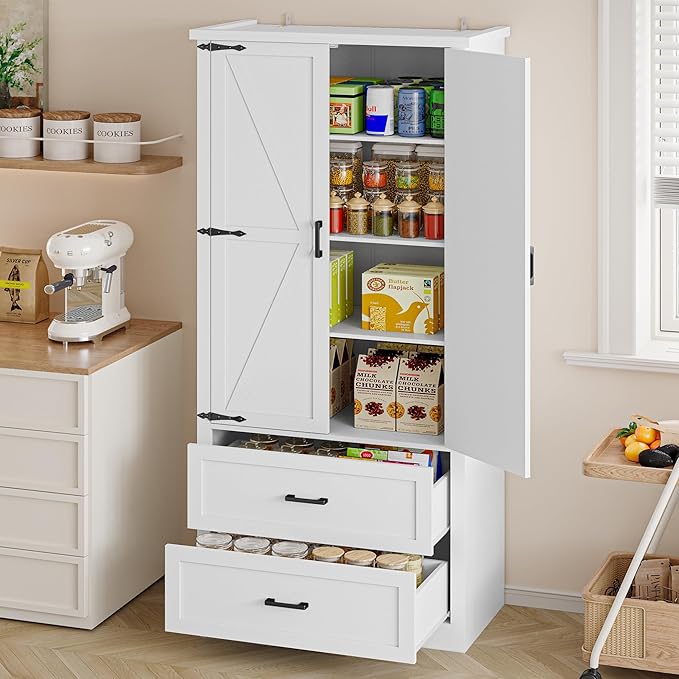 Pantry Organizers and Storage Cabinet, 71??Barn Door White Kitchen Cabinet with Drawers and Adjustable Shelf, Tall Pantry for Kitchen, Dining Room, Living Room. Bathroom and Office