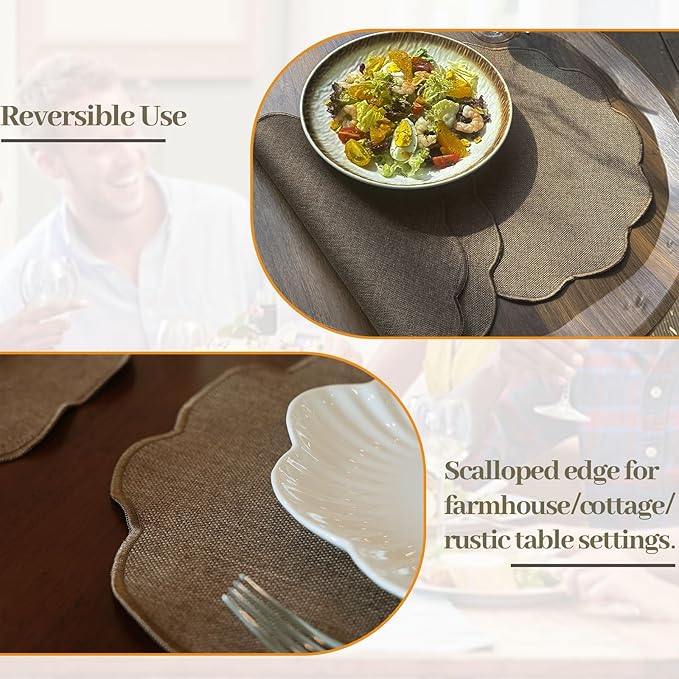 AHHFSMEI Round Faux Linen Placemats Set of 8 Waterproof Table Mats Heat Resistant Non-Slip and Stain Proof for Kitchen Dining Elegant Decor (Brown,8)