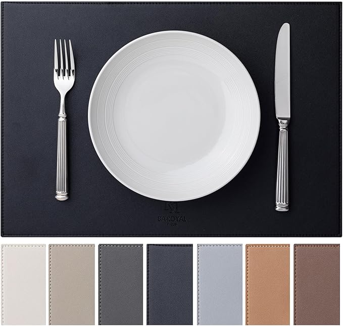 Baroyal Faux Leather Placemats Set of 4 Vinyl Washable Wipeable Table Mats for Kitchen Dining Table Heat Resistant Waterproof Modern Indoor/Outdoor Placemats Non-Slip Easy Clean Place Mats (Black)