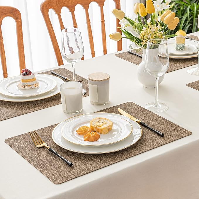 Romanstile Vinyl Placemats Set of 12-12 X 17 Inch - Heat Resistant Place Mats 100% Waterproof Oilproof Wipeable Reversible Faux Leather Table Mats for Kitchen, Dining, Party, Outdoor, Coffee